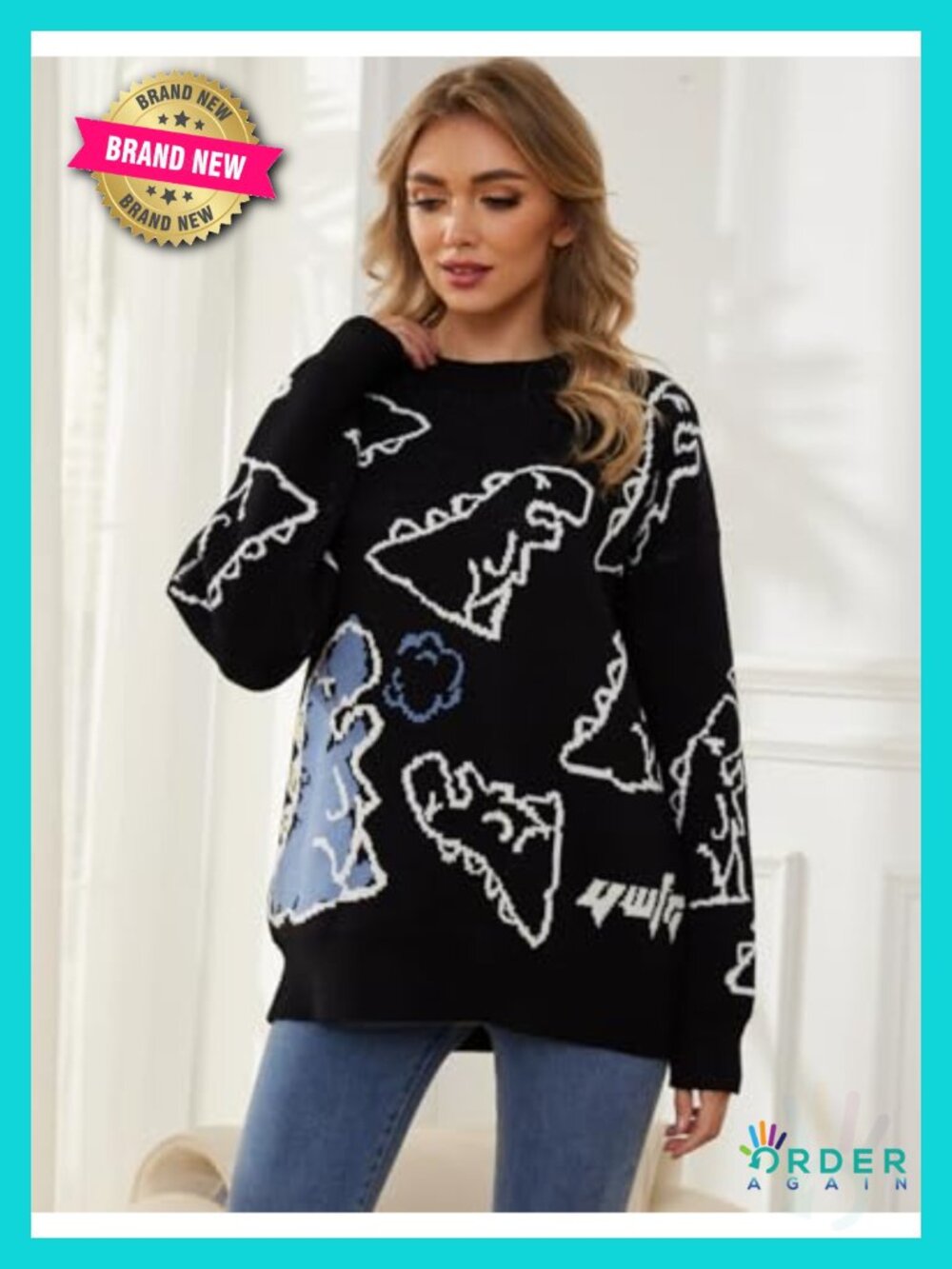 Dinosaur Graphic Knit Sweater Oversized Streetwear Pullover - Picture 4 of 6
